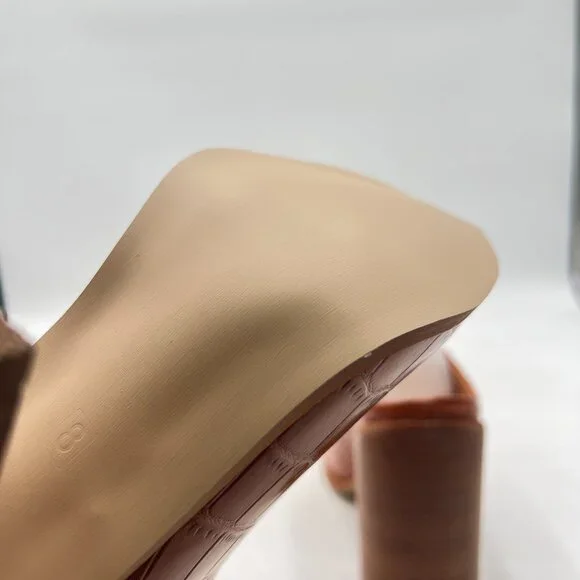 FOWT Crocodile Brown Pointed Toe Slip On Mules Stacked Block High Heel Sandal - Picture 6 of 8